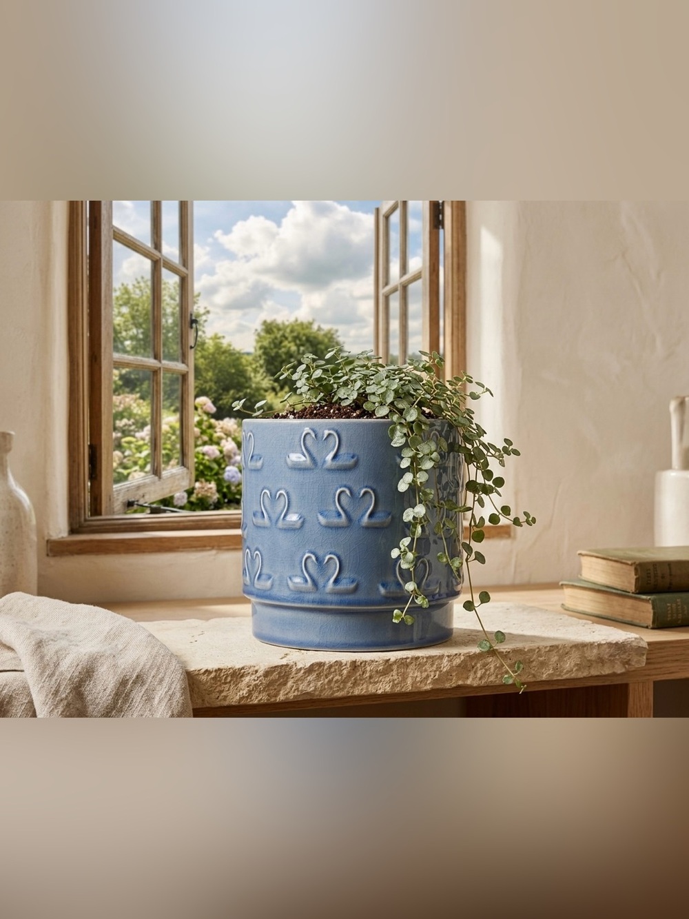 Blue Swan Planter Pot with Drainage Hole, 6 Inch Ceramic Indoor Plant Pot
